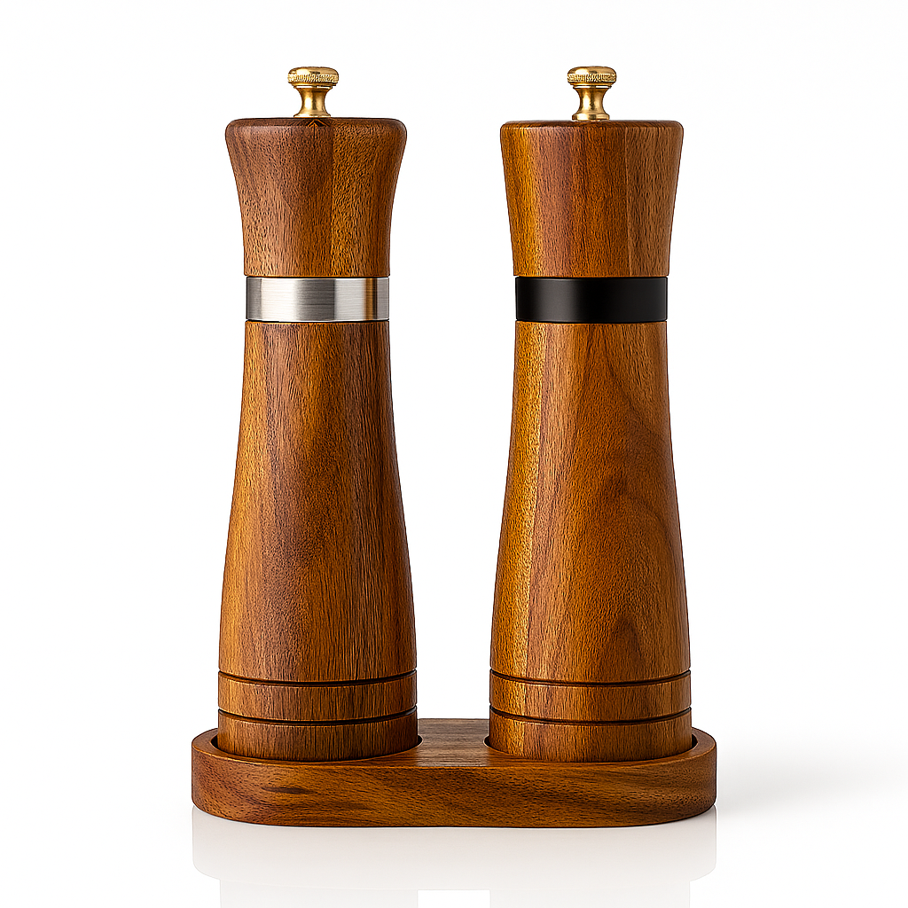 Set de râșnițe din lemn cu inel metalic argintiu și negru, pentru sare și piper, cu suport din lemn elegant.