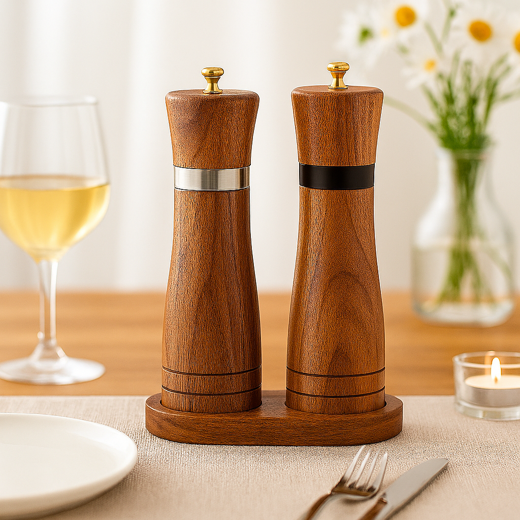 Set de râșnițe din lemn cu inele metalice aurii, pe o masă elegantă pregătită pentru cină.