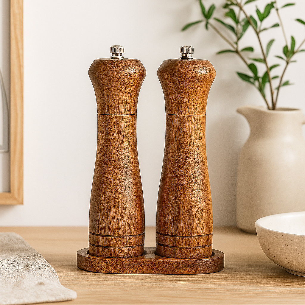 Set de râșnițe din lemn cu suport, amplasat într-o bucătărie luminoasă, ideal pentru sare și piper.