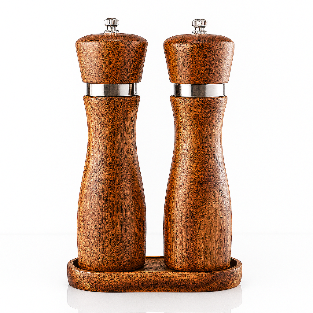 Set de râșnițe din lemn cu suport și inel metalic pentru sare și piper