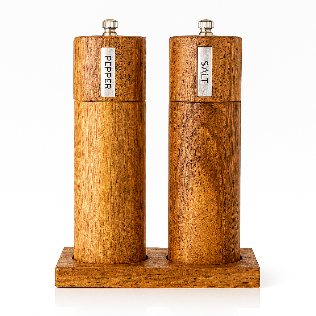 Set de râșnițe din lemn pentru piper și sare, cu etichete metalice inscripționate și suport din lemn.