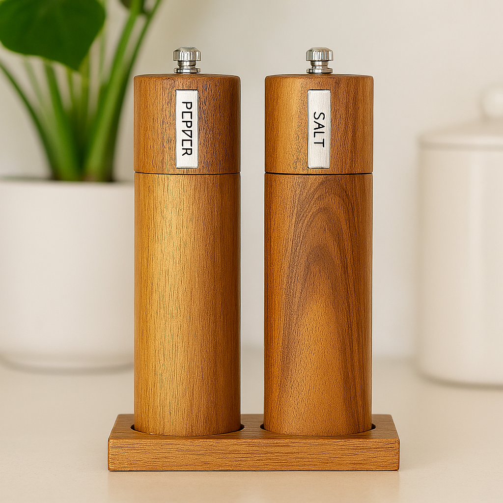 Set de râșnițe din lemn pentru sare și piper, cu etichete metalice, așezat pe un blat de bucătărie.