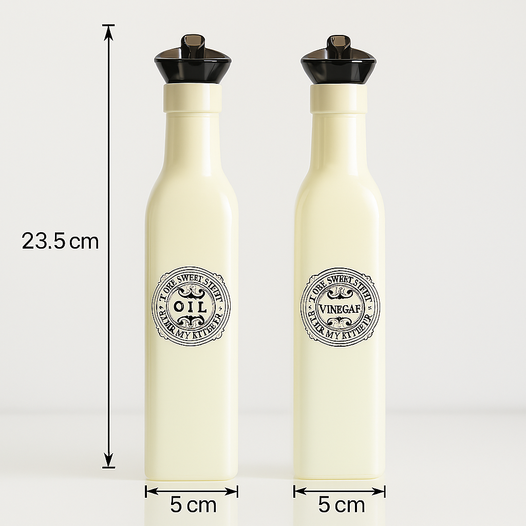 Set două sticle din ceramică albă pentru ulei și oțet, cu capac negru și dimensiuni 23,5 cm înălțime și 5 cm diametru.