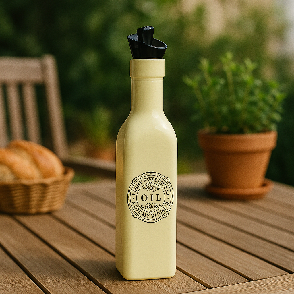 Sticlă ceramică crem cu capac negru, pe o masă de lemn, în aer liber, alături de plante și pâine