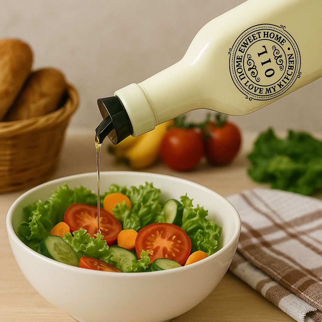 Sticlă ceramică crem pentru ulei, turnând ulei de măsline peste o salată cu roșii, castraveți și morcovi