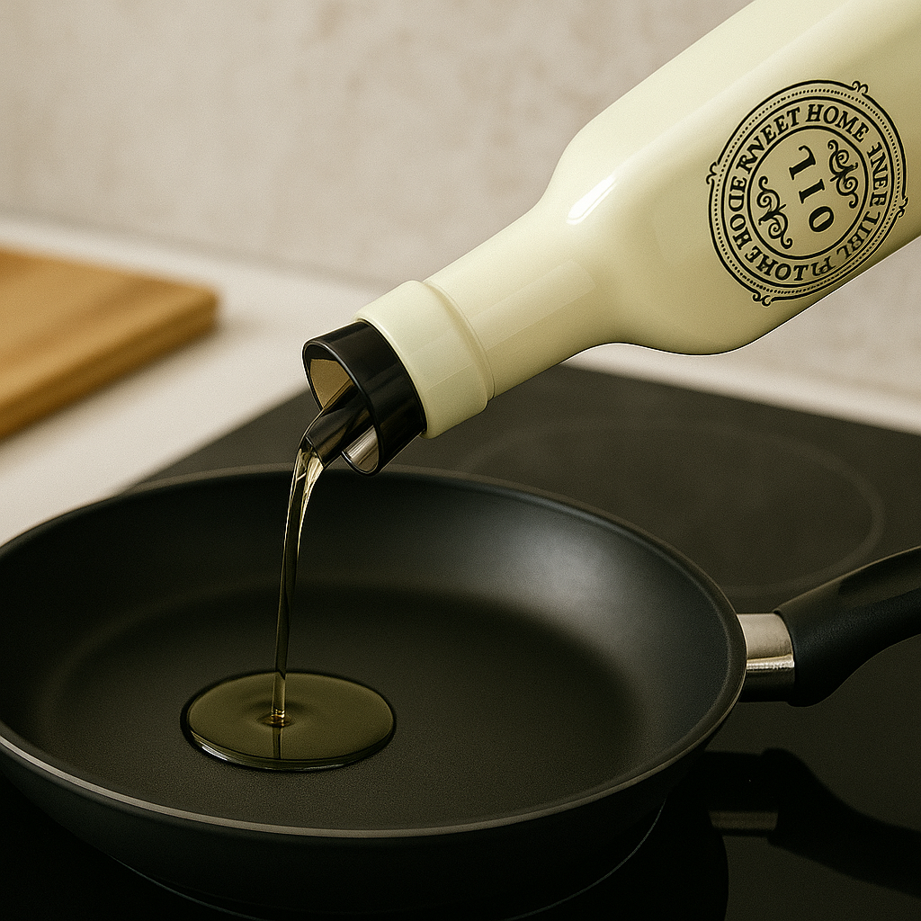 Sticlă ceramică cu design retro, turnând ulei într-o tigaie pe plită, fundal de bucătărie modernă