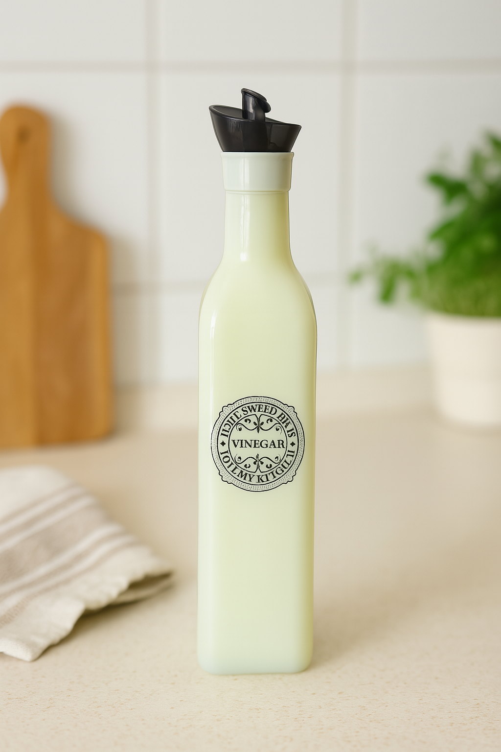 Sticlă pentru oțet cu picurător, design vintage, din ceramică verde, pe blatul din bucătărie