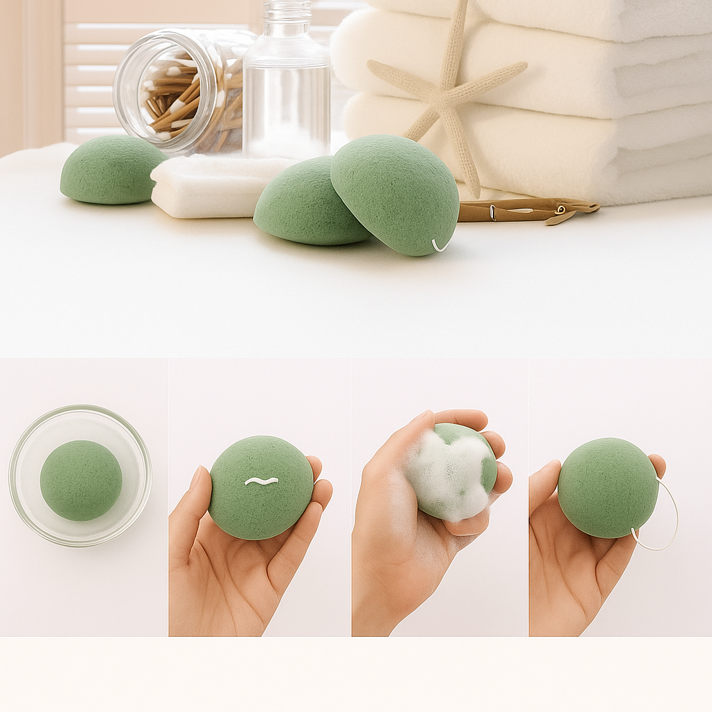 Instrucțiuni de utilizare pentru burete facial konjac natural, cu imagini pas cu pas și bureți verzi într-un decor spa