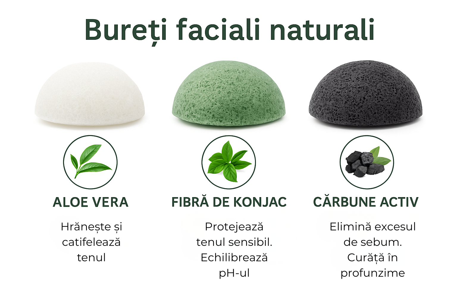 Trei bureți faciali naturali: aloe vera, fibră de konjac și cărbune activ, cu beneficii pentru piele