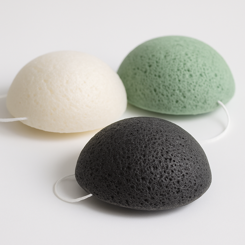 Bureți konjac naturali pentru față în trei variante: alb, verde și negru, pentru curățarea delicată a pielii