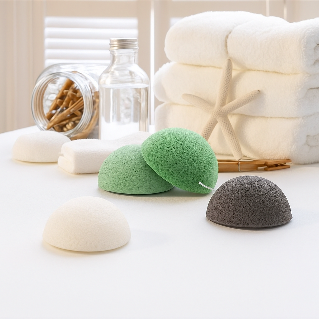 Bureți konjac naturali pentru curățarea feței, fotografiați într-un decor spa, alături de prosoape și produse de îngrijire