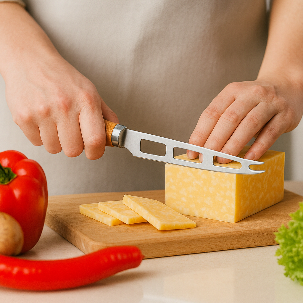 Persoană care taie brânză cu un cuțit din oțel inoxidabil cu mâner din lemn, pe tocător din lemn