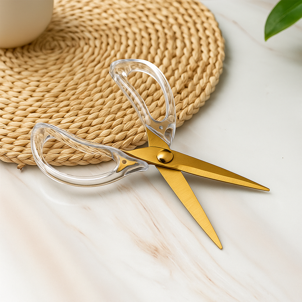 Foarfecă cu lame aurii și mânere transparente din acril, așezată pe suport din fibre naturale pe masă