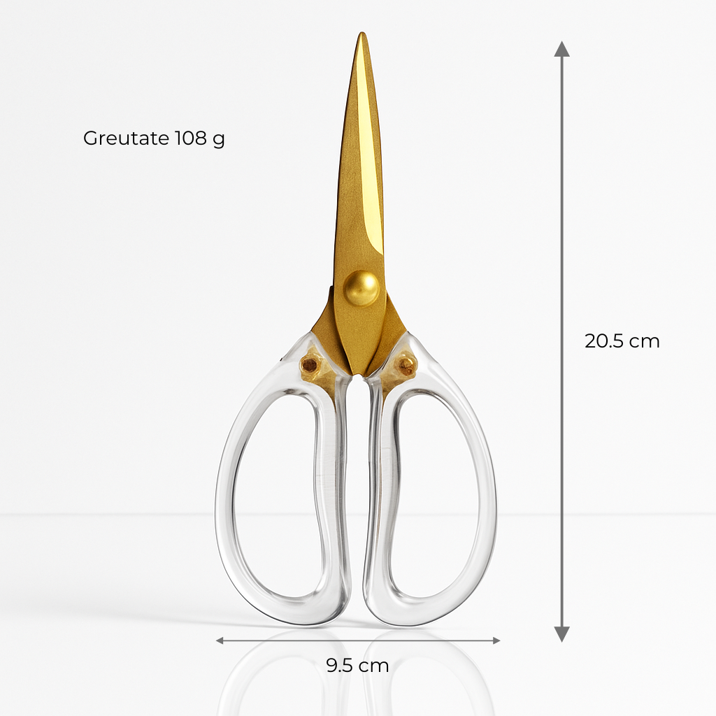 Foarfecă aurie cu mânere transparente, dimensiuni 20.5 cm înălțime și 9.5 cm lățime, greutate 108 g