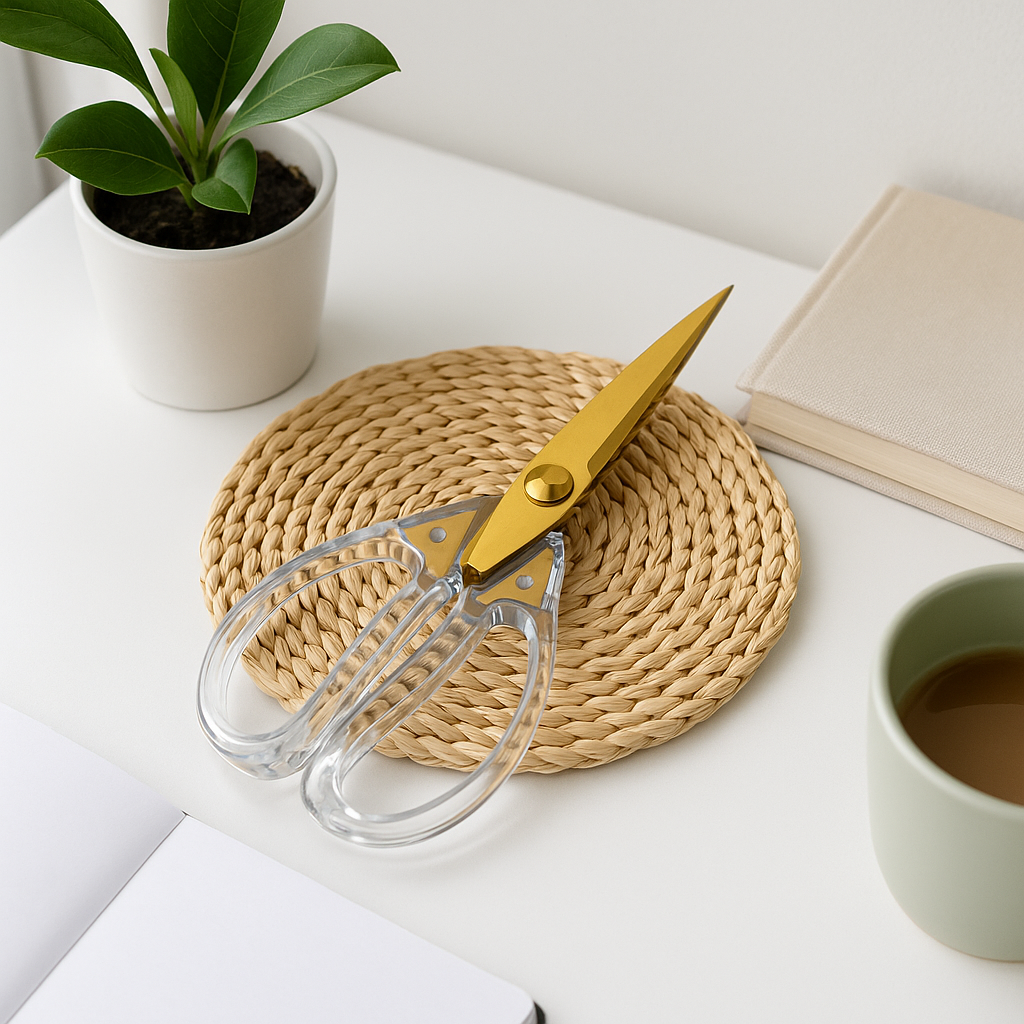 Foarfecă cu lame aurii și mânere transparente din acril, pe birou minimalist cu plantă, caiet și cană cu cafea