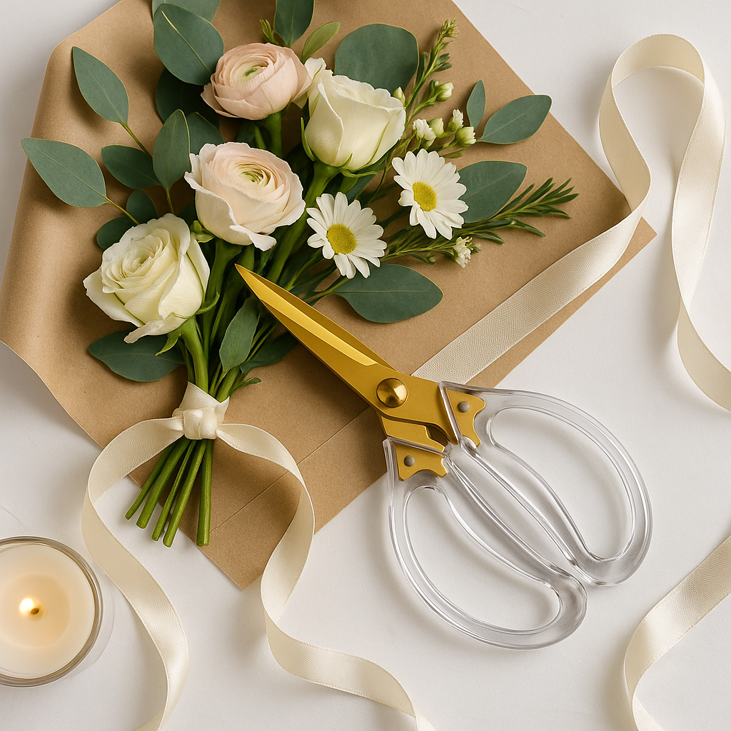 Foarfecă aurie cu mânere transparente lângă buchet de flori, panglică satinată crem și hârtie kraft