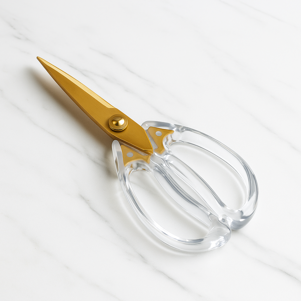 Foarfecă elegantă cu lame aurii și mânere transparente din acril, așezată pe fundal marmorat
