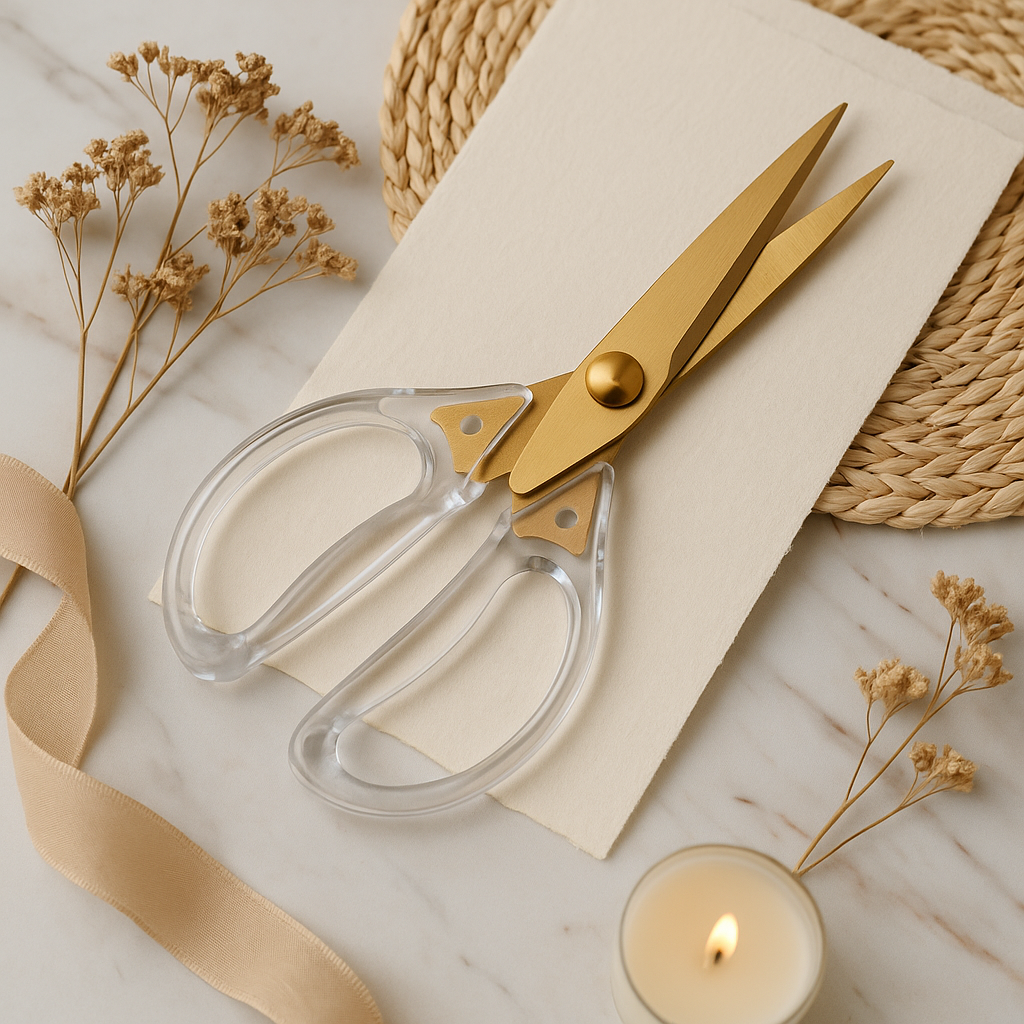 Foarfecă aurie cu mânere transparente, așezată pe hârtie crem alături de lumânare, flori uscate și panglică decorativă