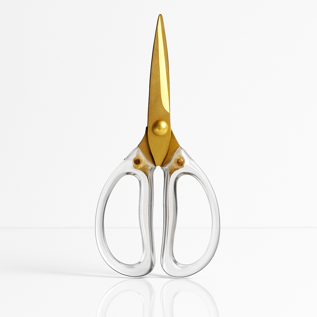 Foarfecă premium cu lame aurii și mânere transparente, stil minimalist, pentru birou și proiecte creative
