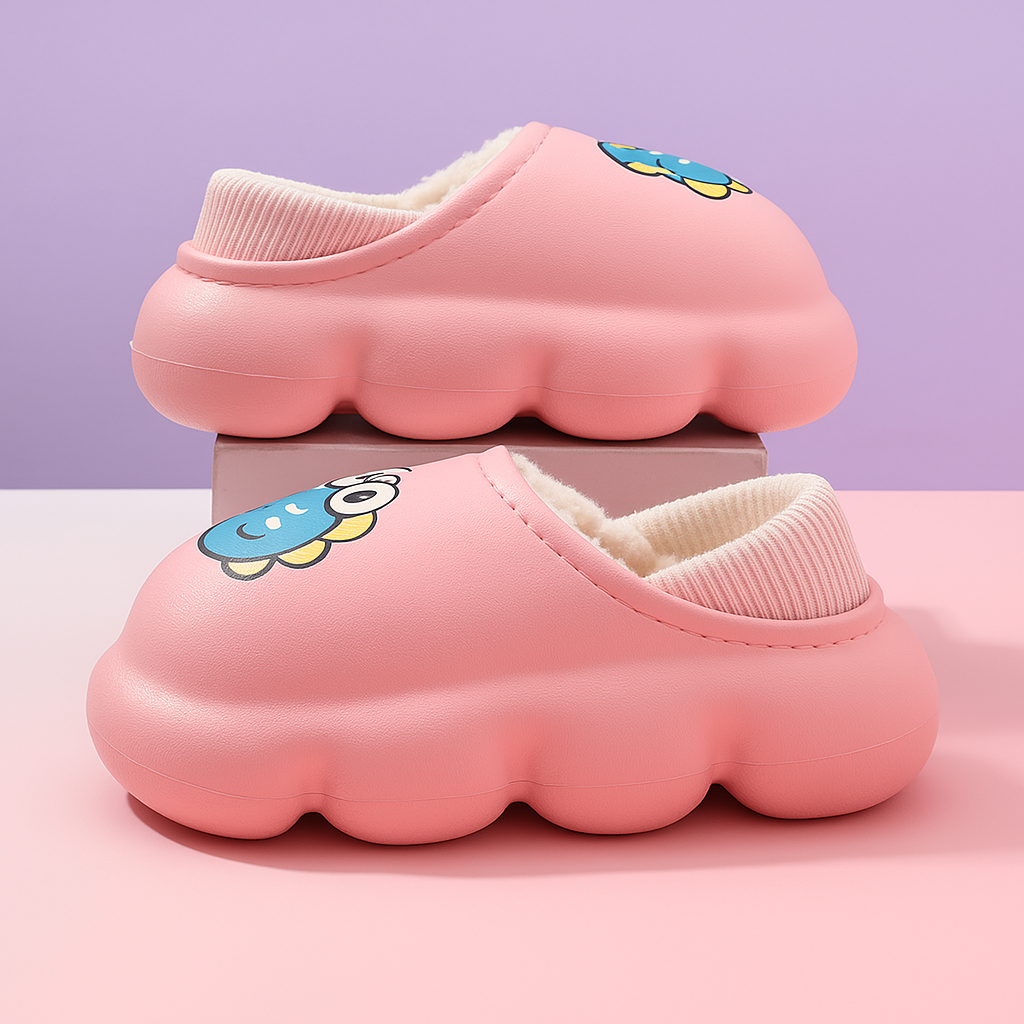 Papuci roz de iarnă pentru copii cu imprimeu monstrulet albastru, vedere laterală pe fundal roz-lila