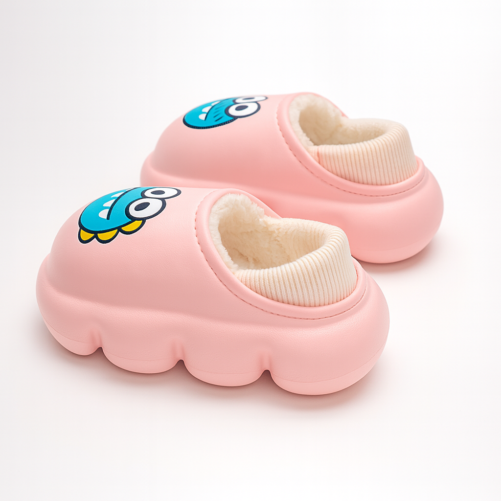 Papuci roz pentru copii cu interior îmblănit și imprimeu monstrulet, vedere din spate
