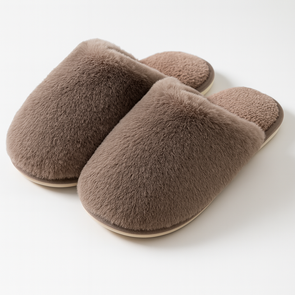 Papuci de casă maro pufoși, cu interior moale și talpă confortabilă, realizați din material catifelat
