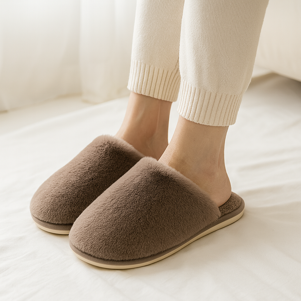Papuci de casă maro pufoși purtați pe picioare, realizați din material moale și confortabil