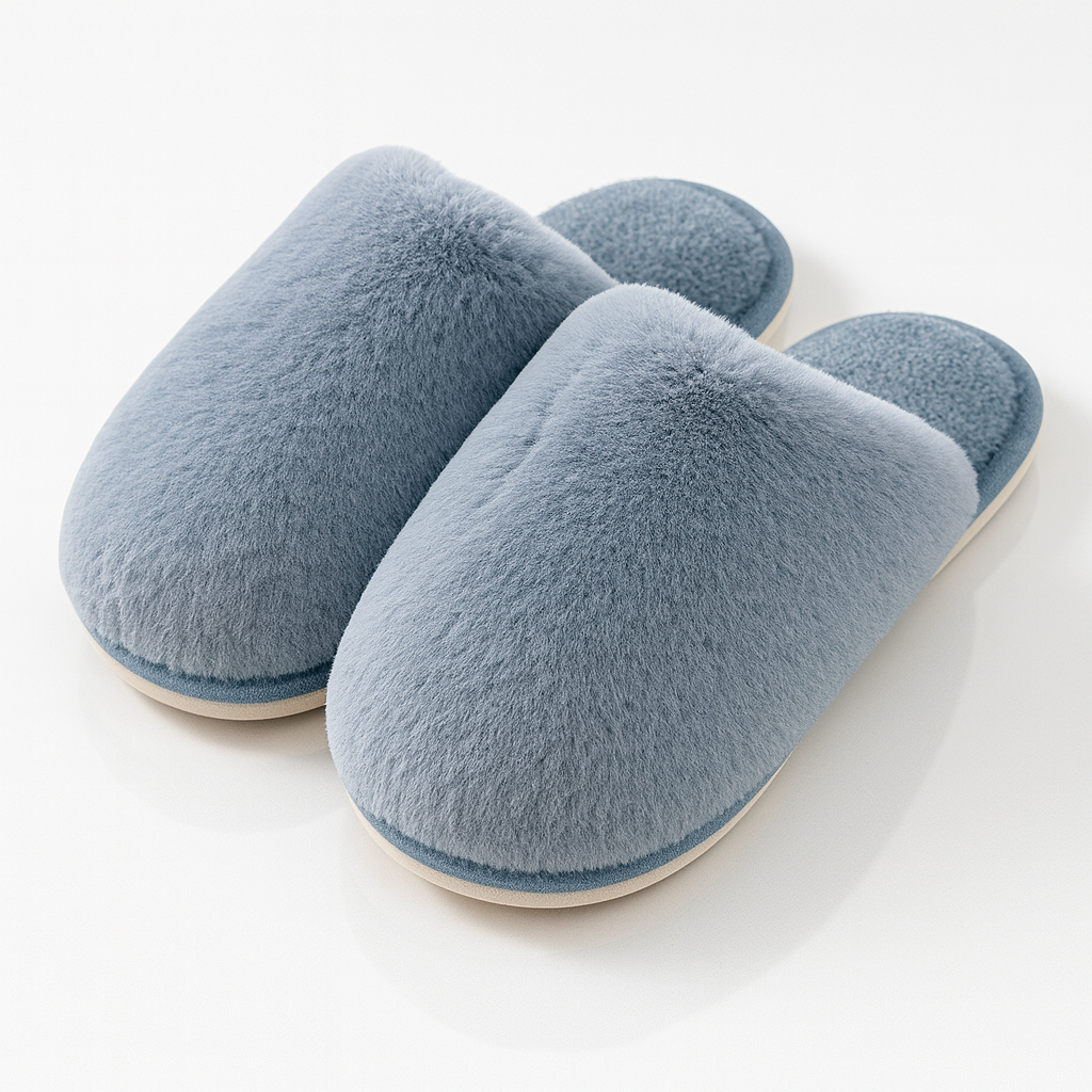 Papuci de casă pufoși albastri cu interior moale și talpă confortabilă, realizați din material catifelat