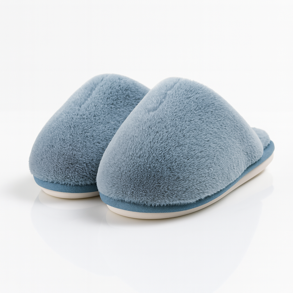 Papuci de casă pufoși albastri cu talpă antiderapantă, din material moale și confortabil