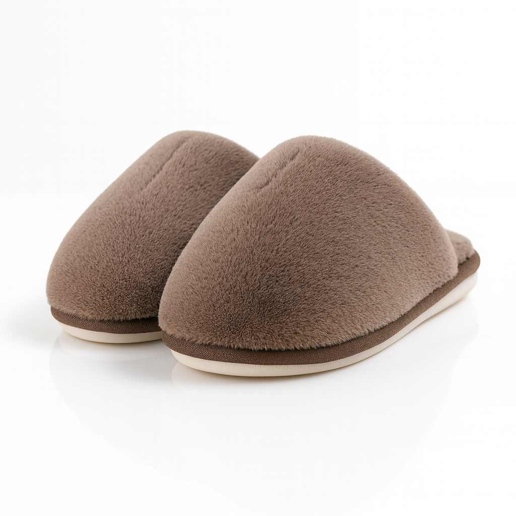 Papuci de casă pufoși maro cu talpă antiderapantă, din material moale și confortabil