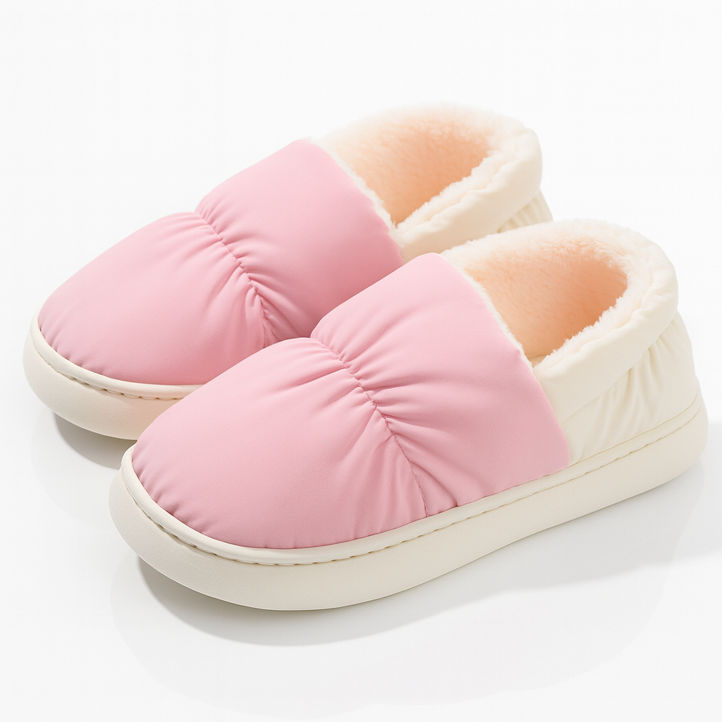 Papuci de casă roz cu interior pufos crem, din material moale, perfecți pentru iarnă
