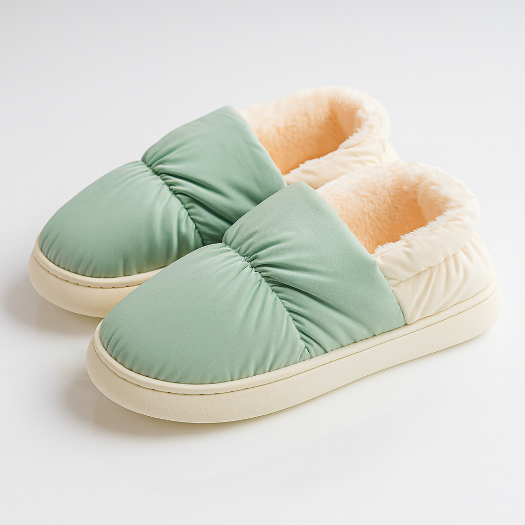 Papuci de casă verzi cu interior pufos crem, din material moale și confortabil, pentru iarnă