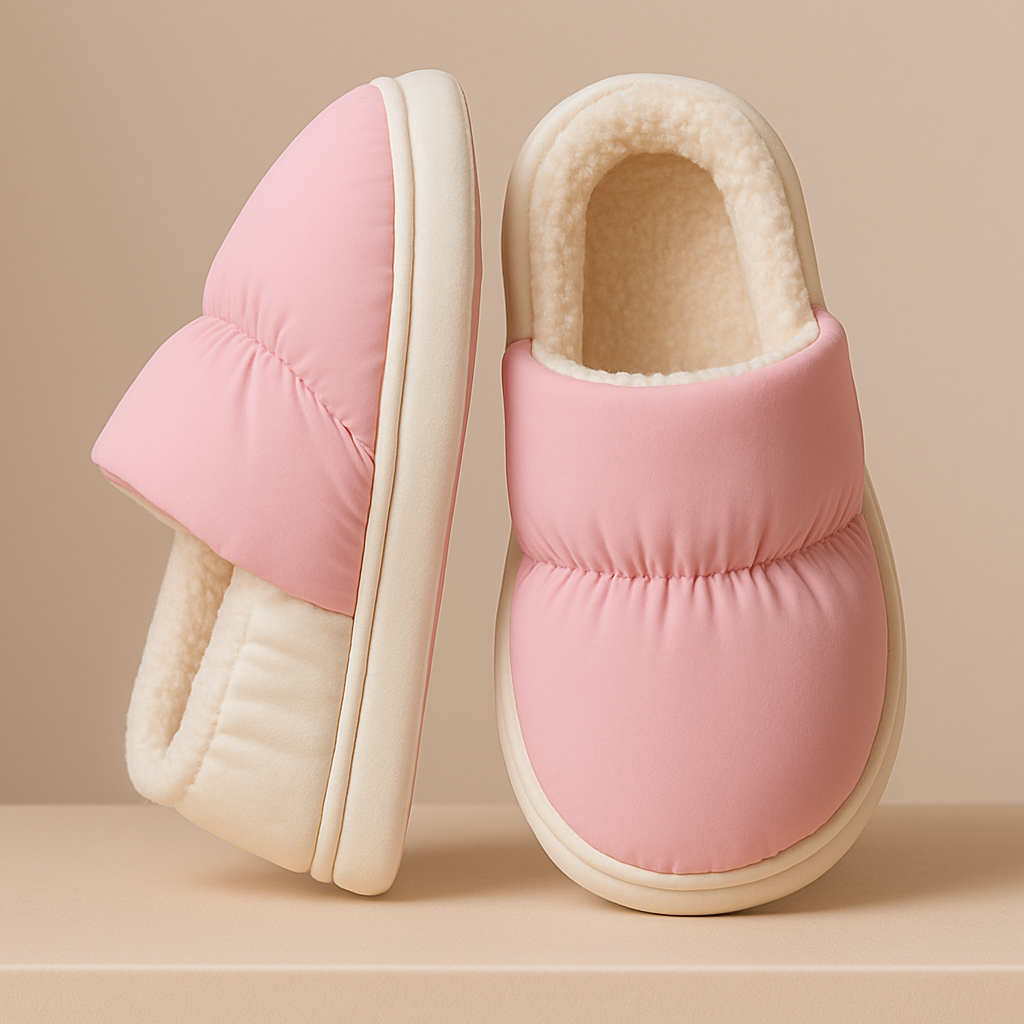 Papuci de casă roz cu interior pufos crem, din material moale, pe fundal bej elegant