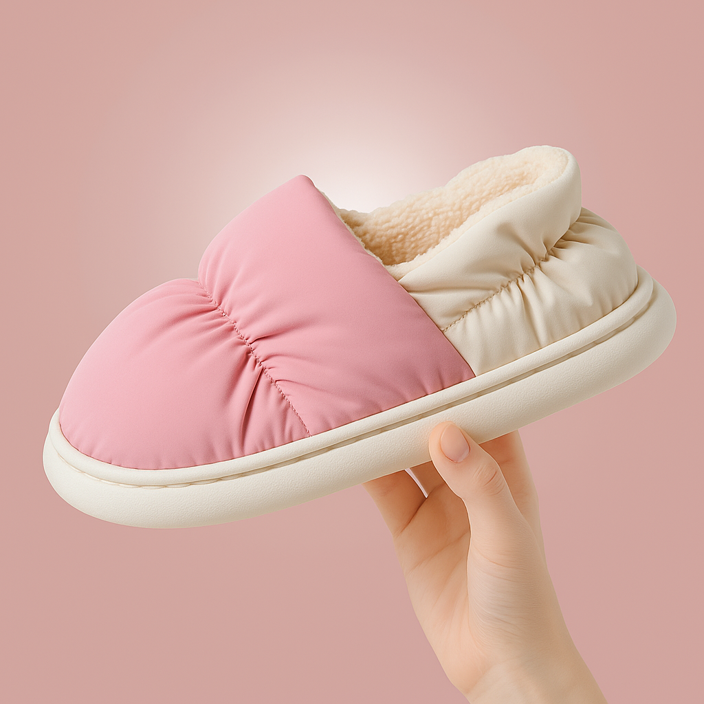Papuc de casă roz cu interior pufos crem, ținut în mână pe fundal roz pastel