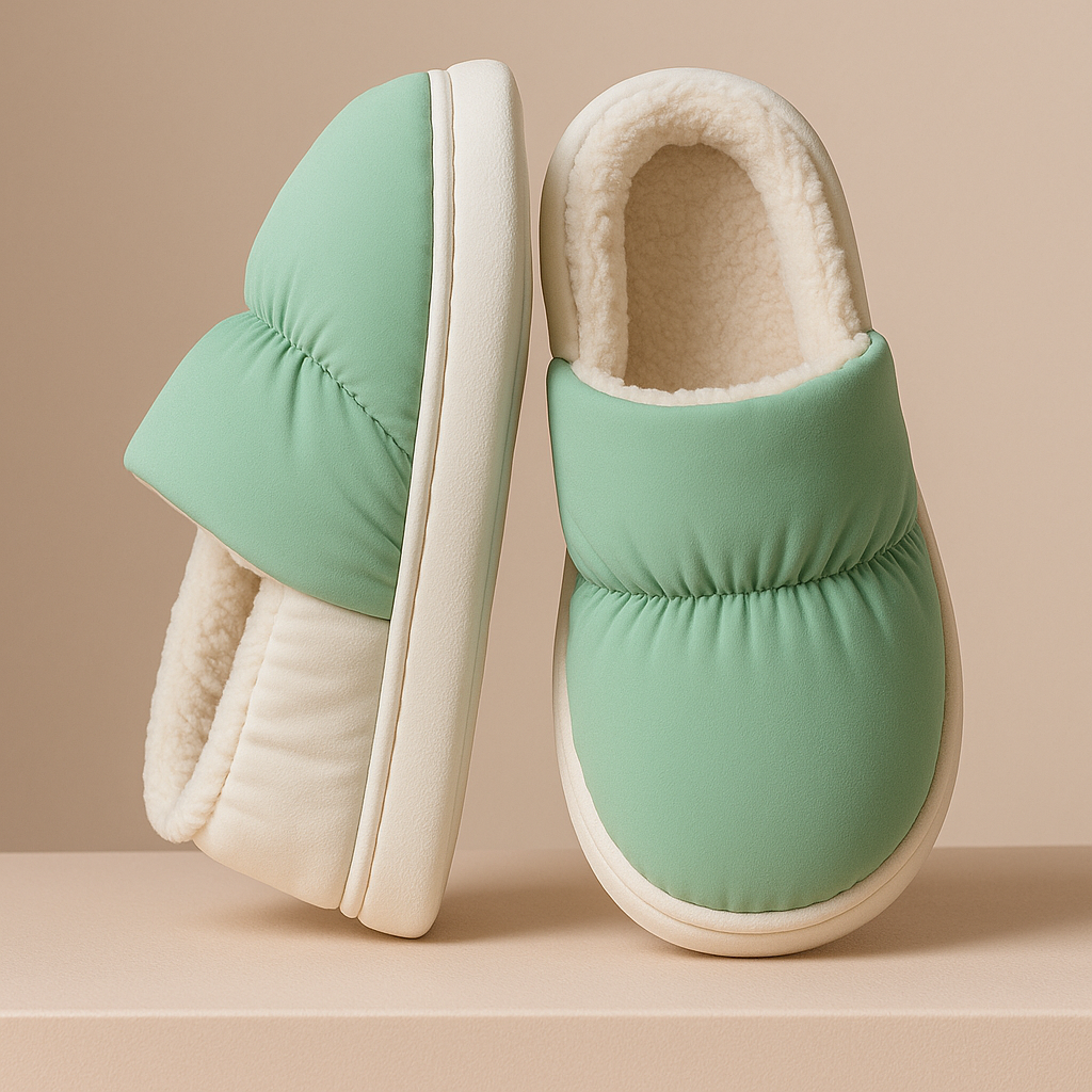 Papuci de casă verde mentă cu interior pufos crem, din material moale, pe fundal bej elegant
