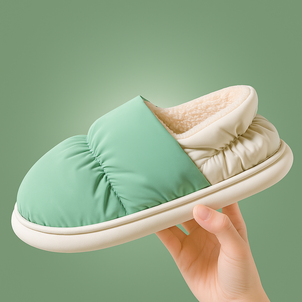 Papuc de casă verde mentă cu interior pufos crem, ținut în mână pe fundal verde pastel