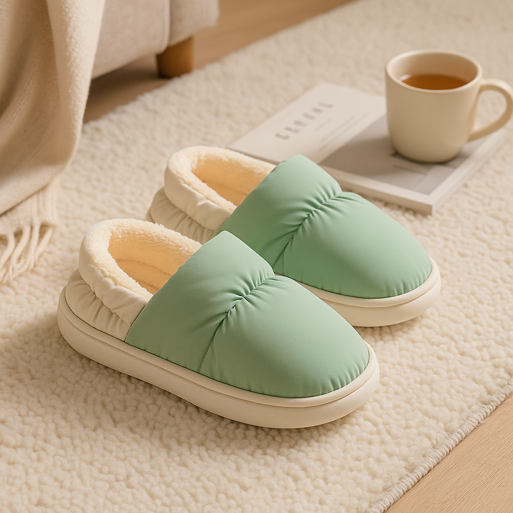 Papuci de casă verzi cu interior pufos crem, așezați pe covor lângă o ceașcă de ceai și o carte