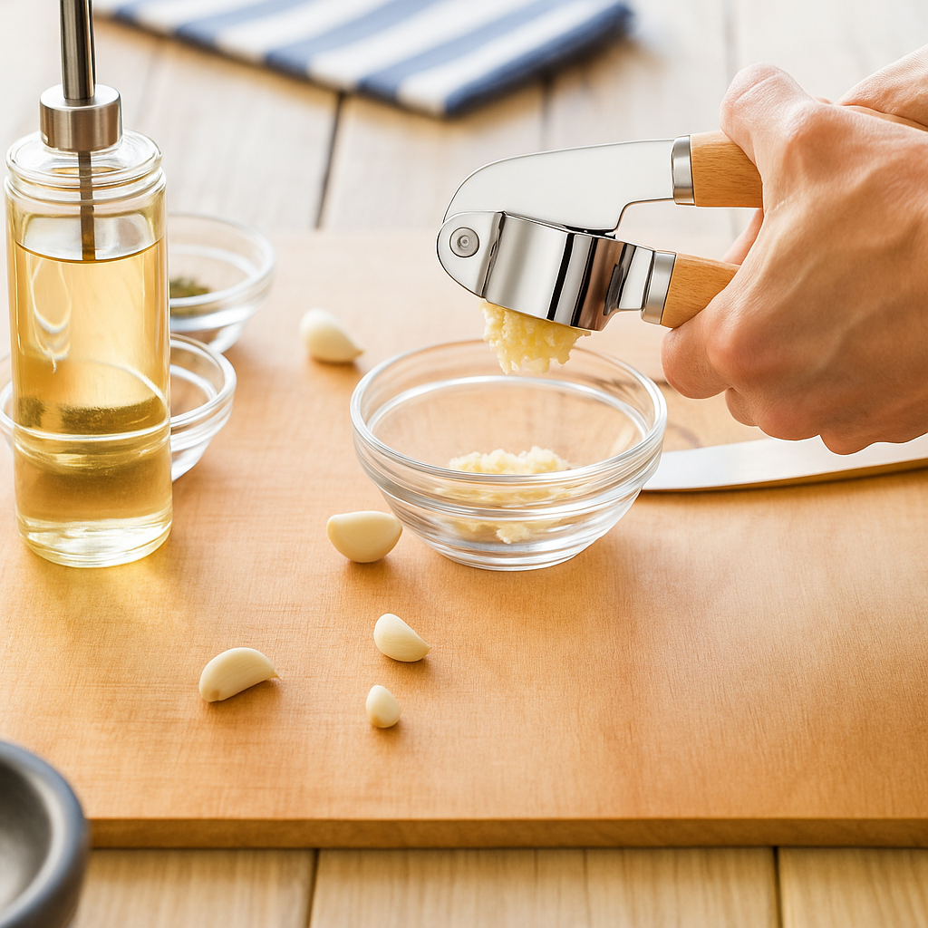 Persoană care folosește o presă de usturoi din oțel inoxidabil cu mâner din lemn pentru a zdrobi usturoi într-un bol de sticlă