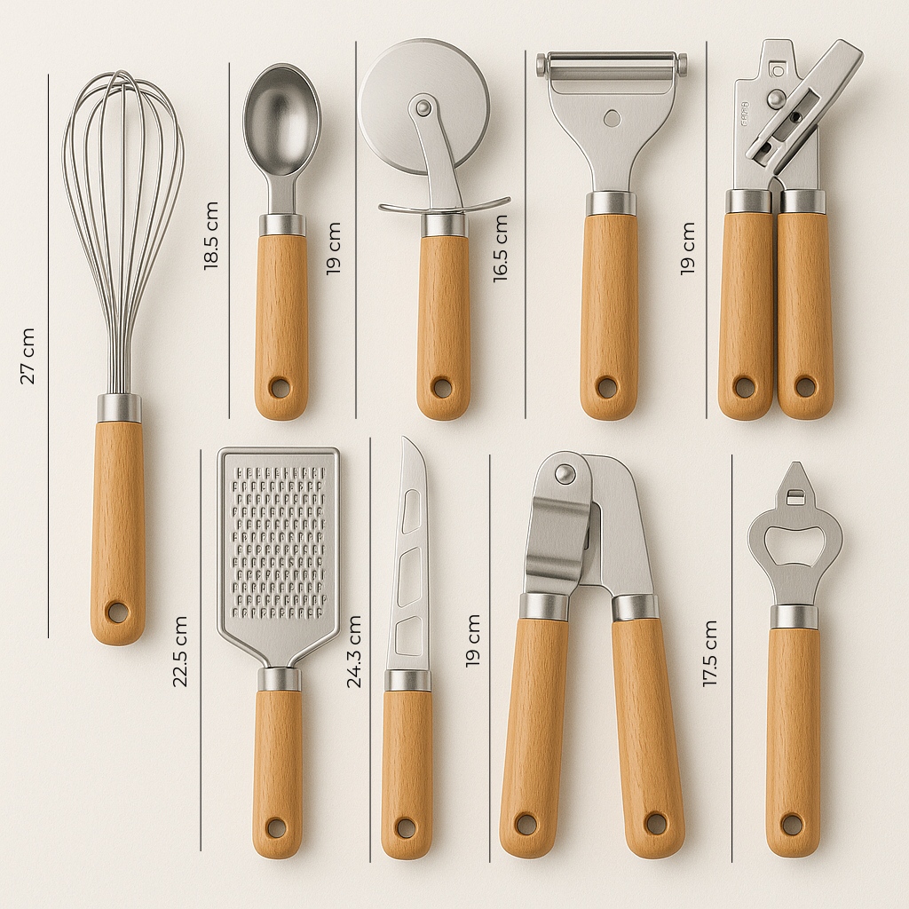 Set de ustensile de bucătărie din oțel inoxidabil cu mânere din lemn, afișat cu dimensiuni în centimetri