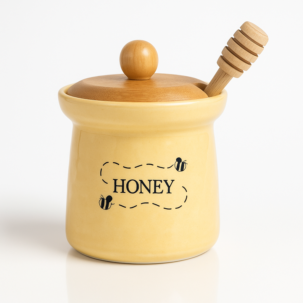Borcan din ceramică pentru miere cu capac din lemn și linguriță, design rustic cu albine