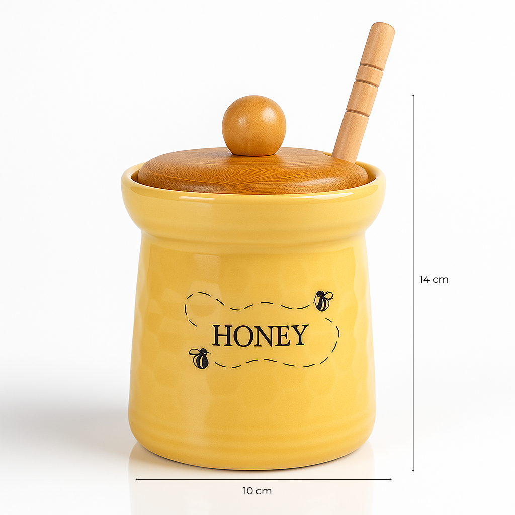 Borcan pentru miere din ceramică cu capac de lemn, linguriță și dimensiuni 14 cm înălțime, 10 cm lățime