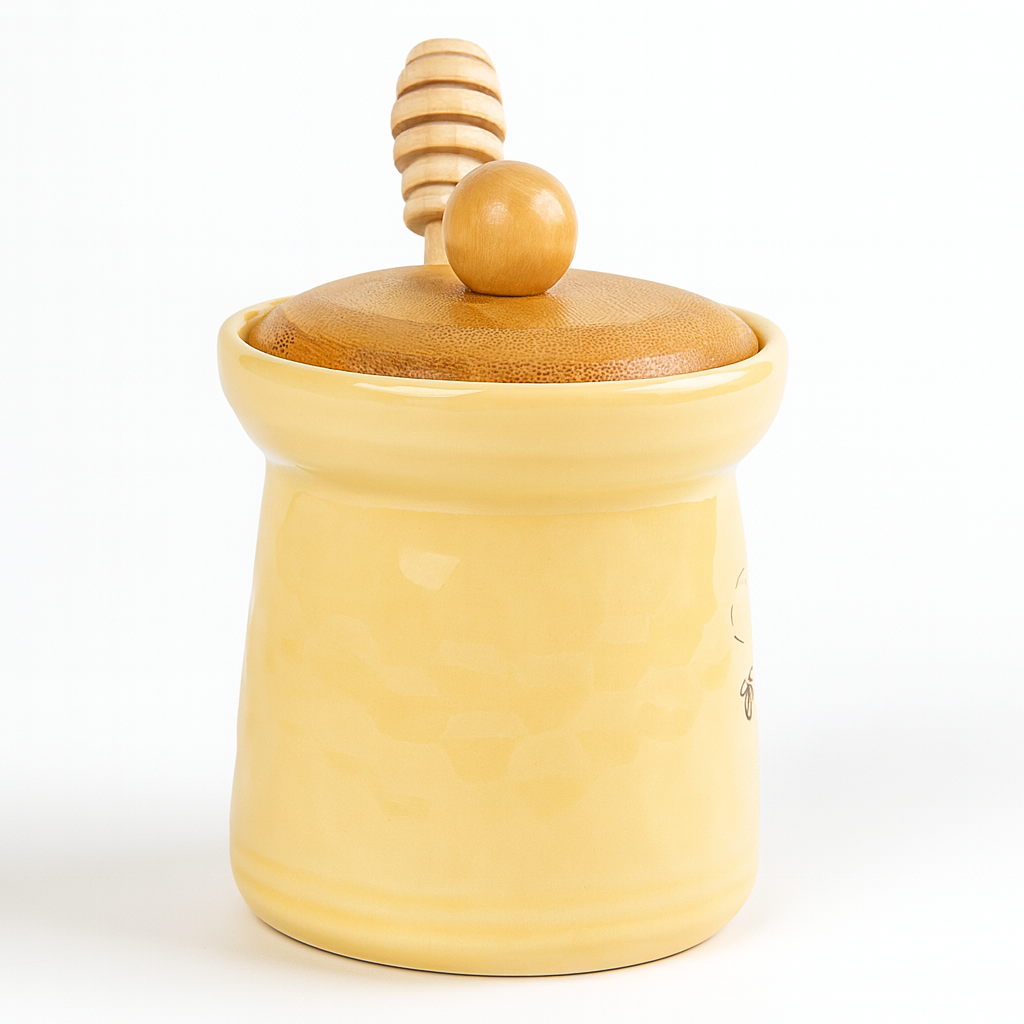 Borcan din ceramică galbenă pentru miere, cu capac din lemn și linguriță din lemn