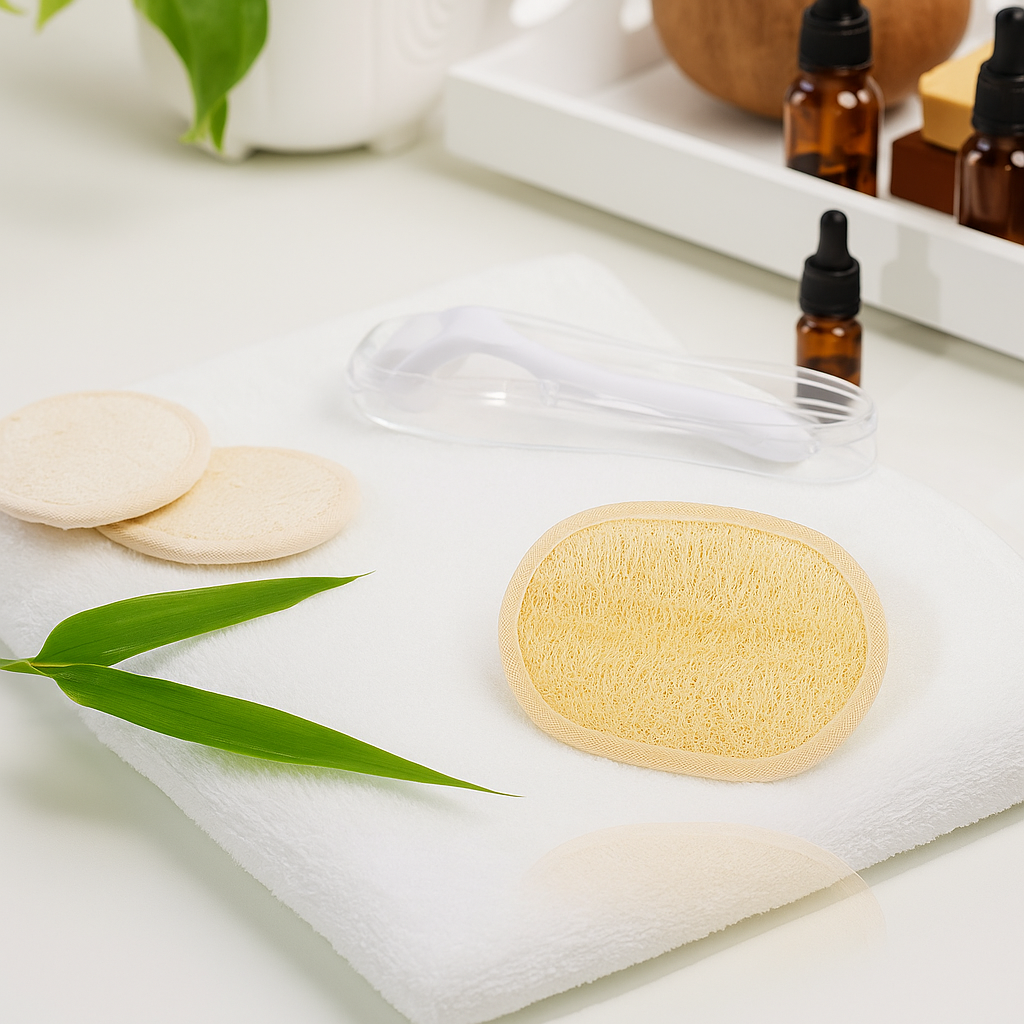 Burete exfoliant facial din lufă naturală, pe prosop alb, alături de accesorii cosmetice și frunze verzi