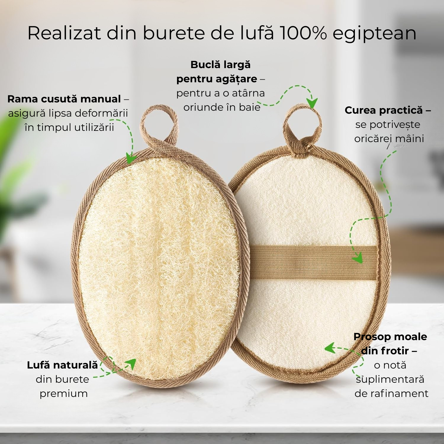 Burete exfoliant din lufă naturală egipteană cu curea, buclă de agățare și prosop moale din frotir
