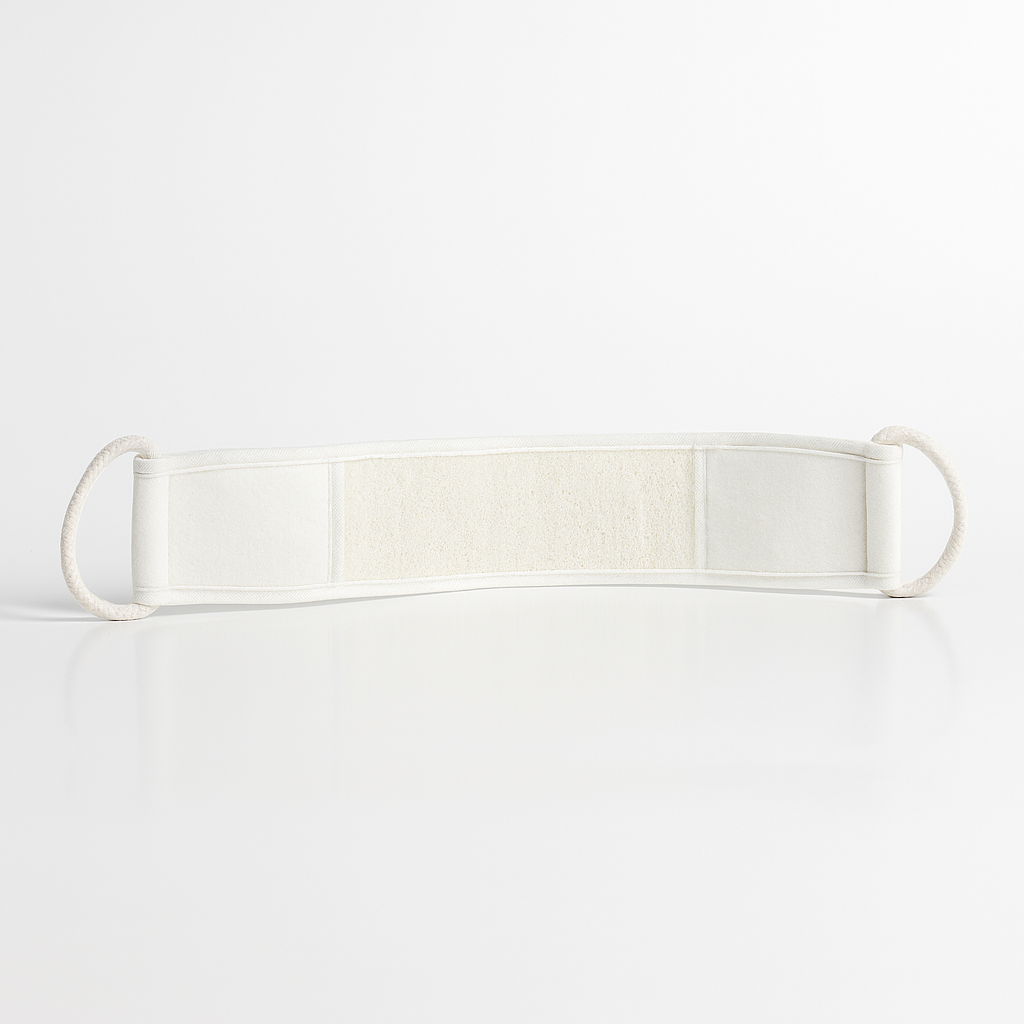 Curea exfoliantă pentru spate din loofah natural cu mânere din bumbac