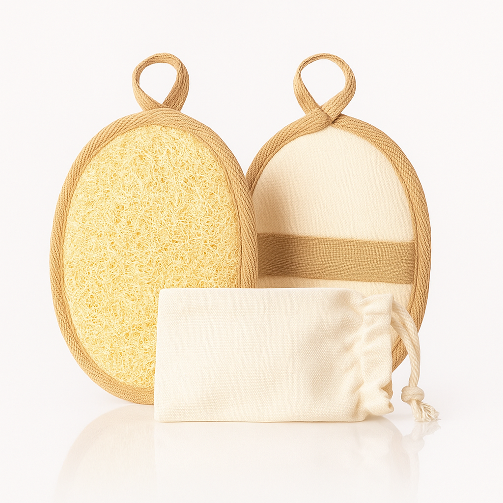 Set de bureți exfolianți din lufă naturală cu săculeț textil reutilizabil