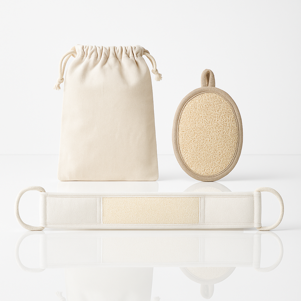 Set exfoliant din loofah cu burete oval, bandă pentru exfolierea spatelui și săculeț textil