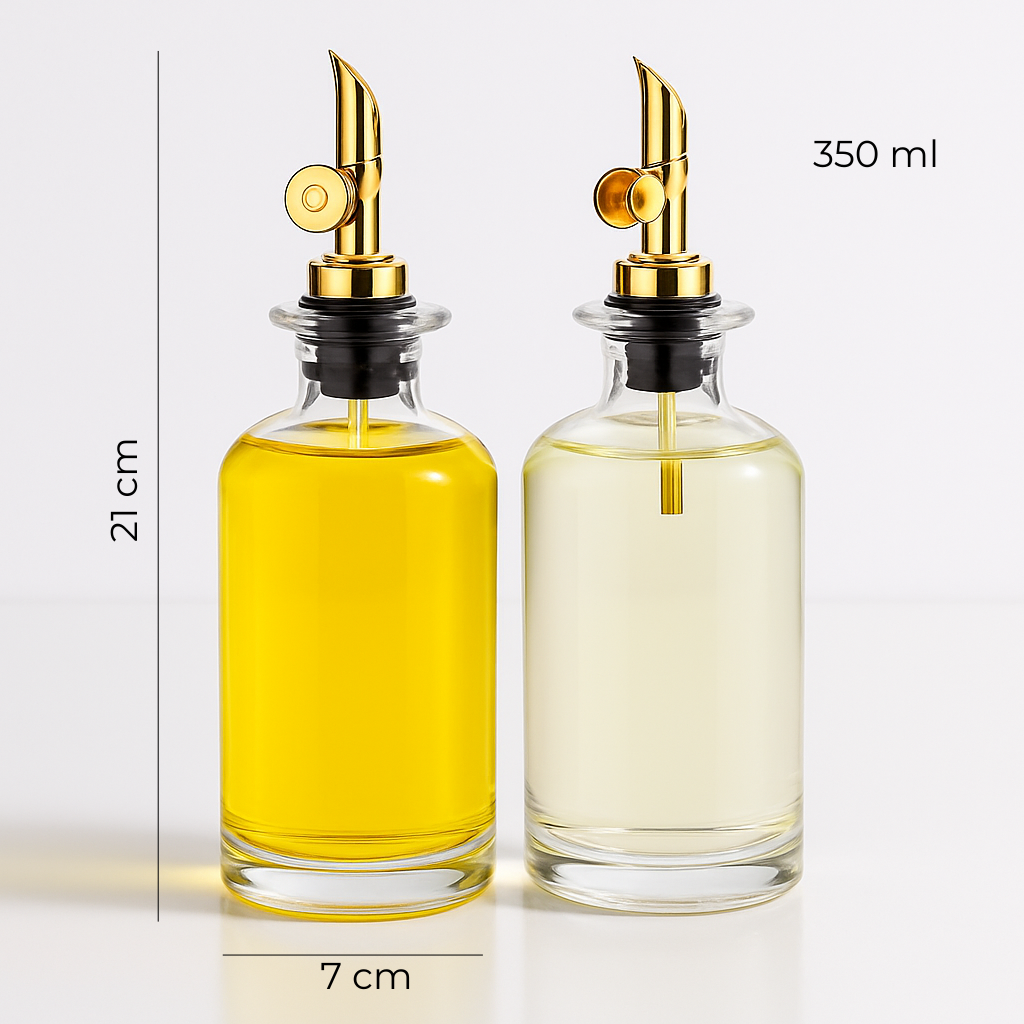 Set de sticle din sticlă de 350 ml cu dopuri aurii, 21 cm înălțime, pentru ulei și oțet