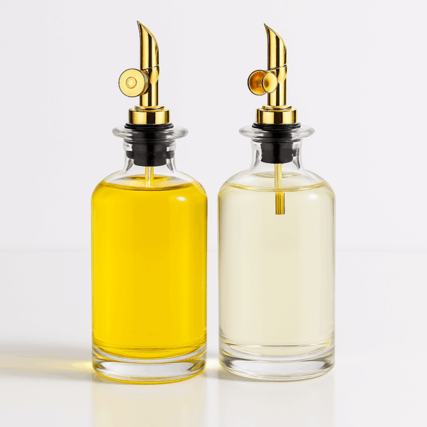 Set de sticle din sticlă transparentă cu dop auriu pentru ulei și oțet, design elegant și rafinat