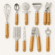 Set de ustensile de bucătărie din oțel inoxidabil cu mânere din lemn natural, 9 piese